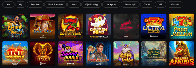 Casinoets spiludvalg på WinHeros officielle hjemmeside